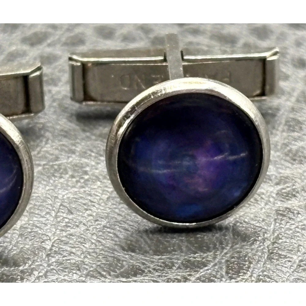 Vintage Silver Tone Moonglow Blue Cabochon Cufflinks Studs Cuff Button Set